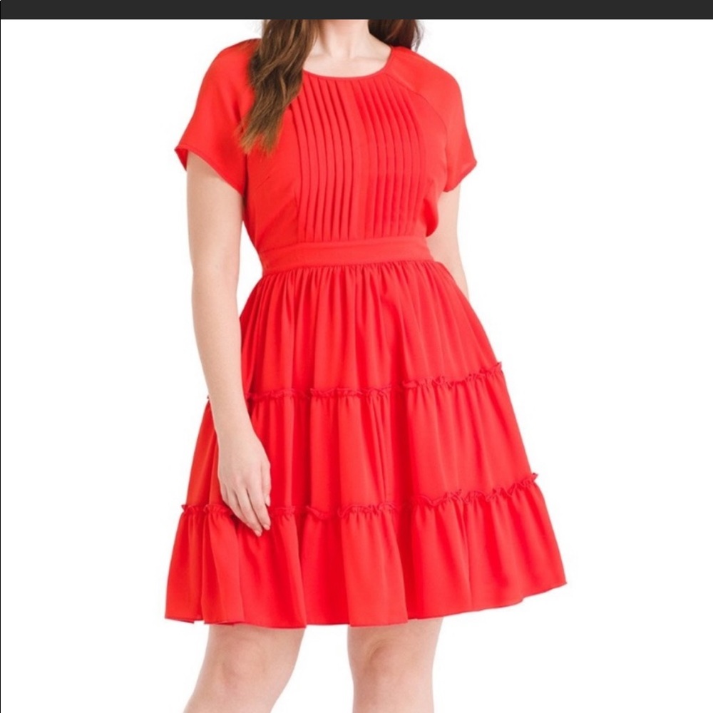 eshakti Red Short-Sleeve Pleated Fit-and-Flare Dress